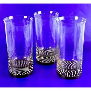 Highball Glasses Set 3 Hand Blown 6" Tall Base Accent Brown Heavy Tom Collins